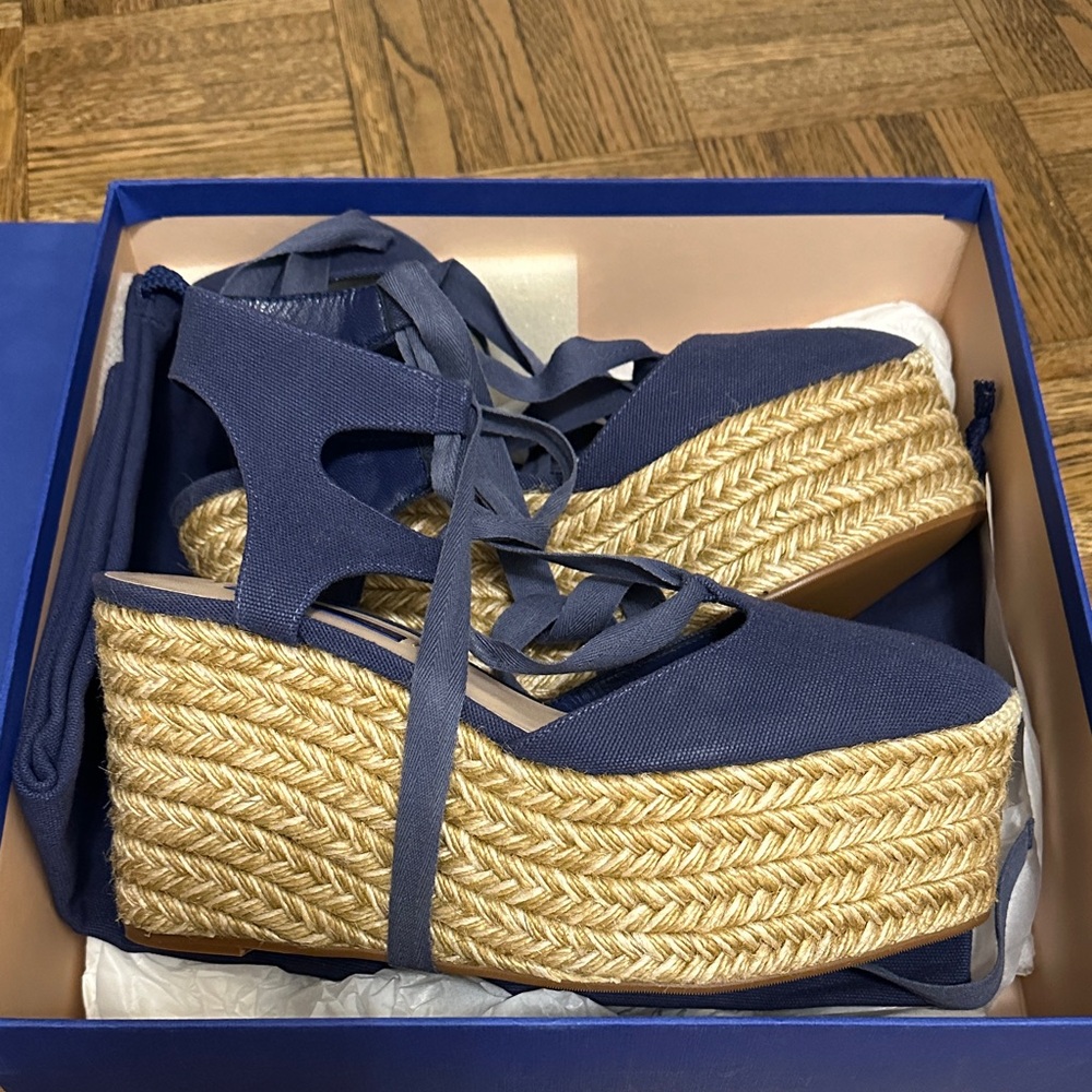 Stuart Weitzman Savina Poisson Canvas Blue Espadrille Wedges